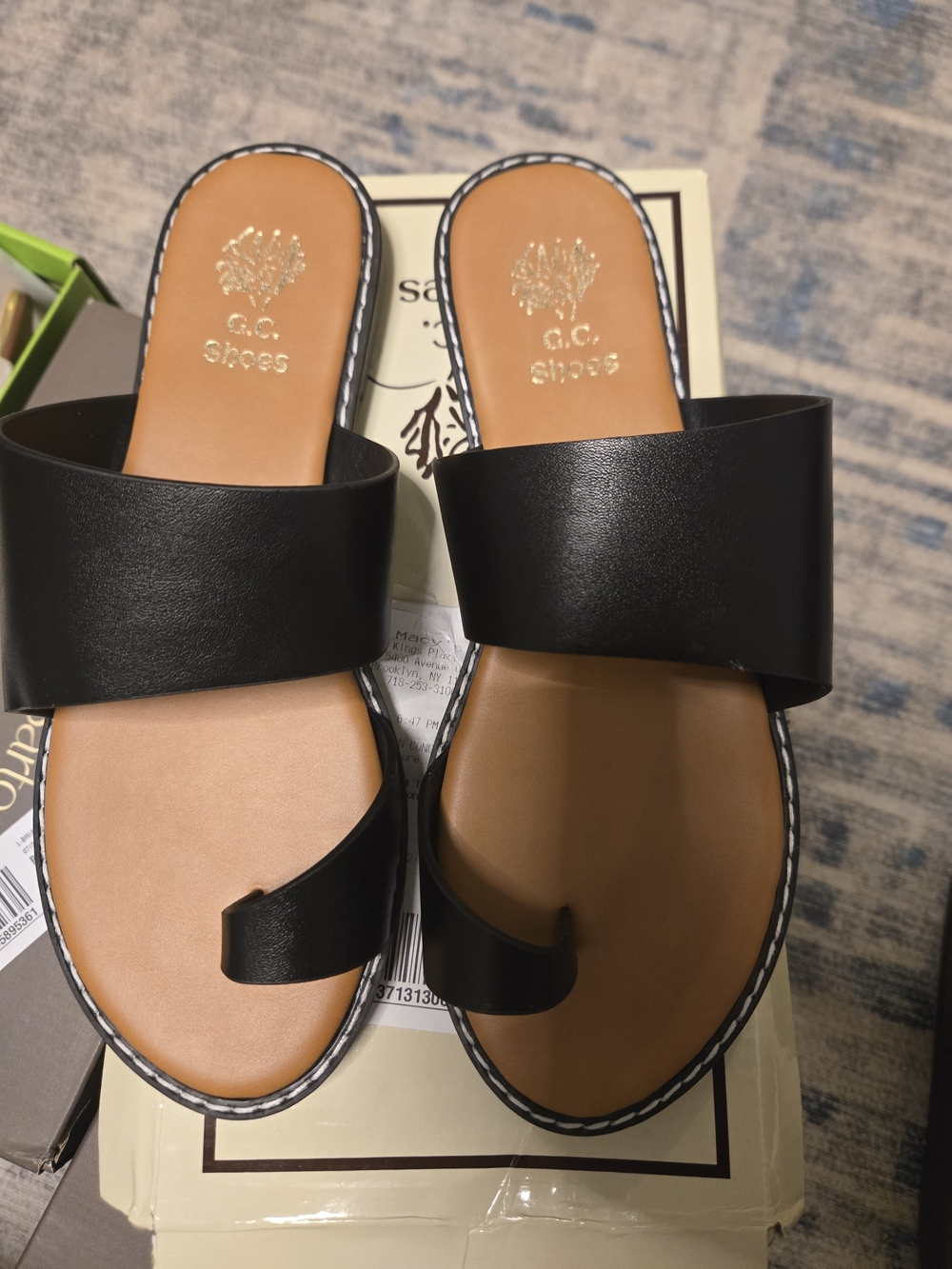 G.C. Shoes Black Leather Two-Strap Toe Loop Sandals